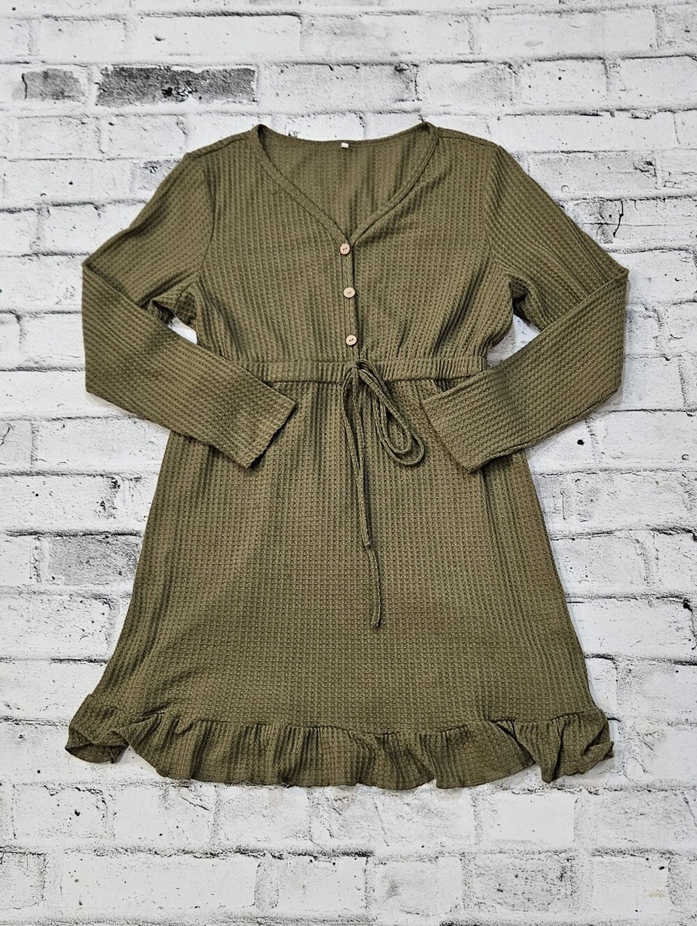 Womens XL Olive Green Waffle Knit Long Sleeve Ruffle Hem Mini Dress